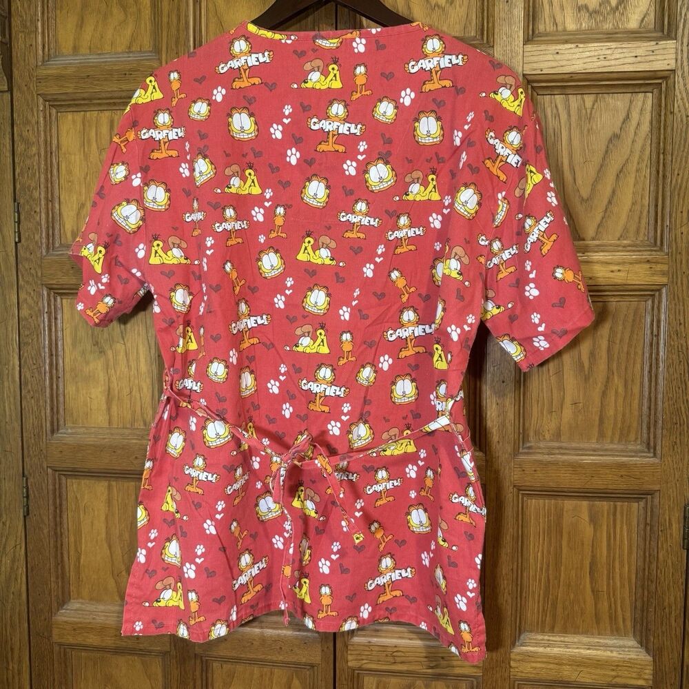 Garfield & Friends Paws Women L Medical Scrub Top Red Wrap Style Tie Back Pocket - Picture 5 of 9